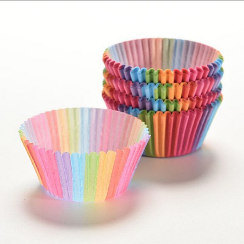 100 Stks/partij Cupcake Paper Cups Regenboog Liner Cupcake Vormpjes Papier Cake Bakken Molds Wedding Party Decorating Cupcake Gevallen