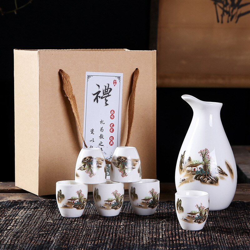 Keramik vinset box vin vitvin kopp en kastrull med sex koppar pott poäng vin reklam japansk sake kopp