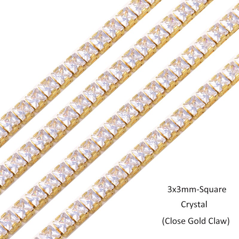 250Pcs/Strip Vierkante Rechthoekige Стразы K9 Glas Strass Ketting Kristal Strass Gouden Base Steentjes Cup Trimmen A03: 3x3mm-Square