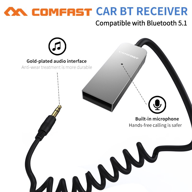 Comfast Auto Aux Bluetooth Adapter Draadloze BT5.1 Ontvanger Zender Dongle 3.5Mm Jack Voor Auto Audio Muziek Mic Handsfree