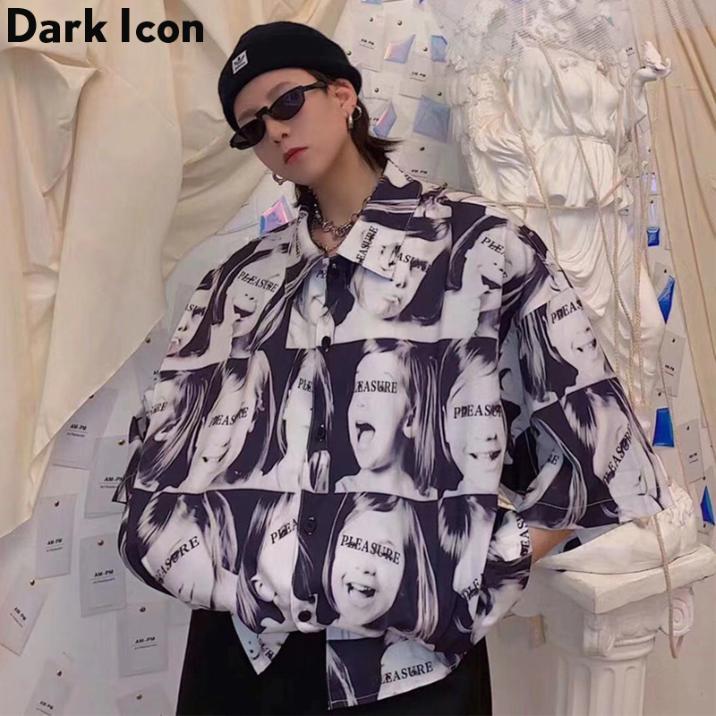 Mørkt ikon fuldtrykt street skjorter mænd sommer kortærmede herre skjorter oversized skjorter mænd streetwear tøj