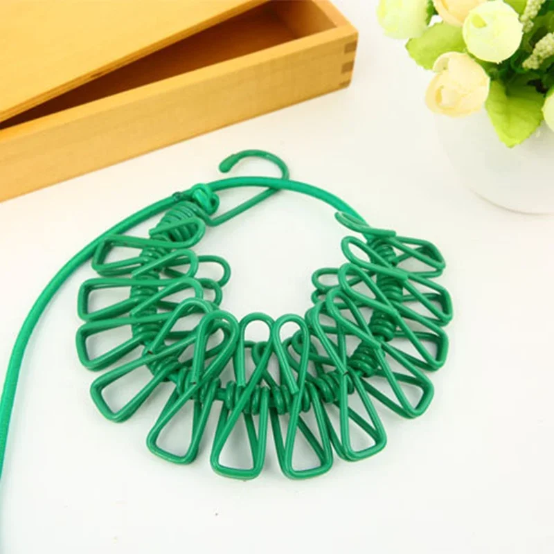 Portable Clothing Clothesline with 12 Clips Retractable Laundry Dryer Clothes Rope Drying Rack Cloth Hanging Line for Outdoor: green