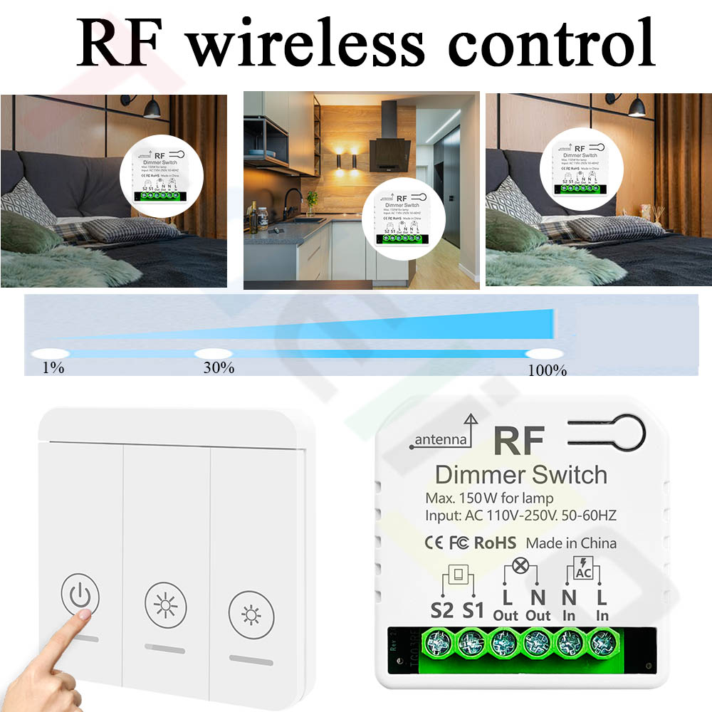 Tedeligo RF 433mhz LED Dimmer Switch 110V 220V 150W Light Brightness Adjustable Module Support 2 Way Wired and Wireless Control