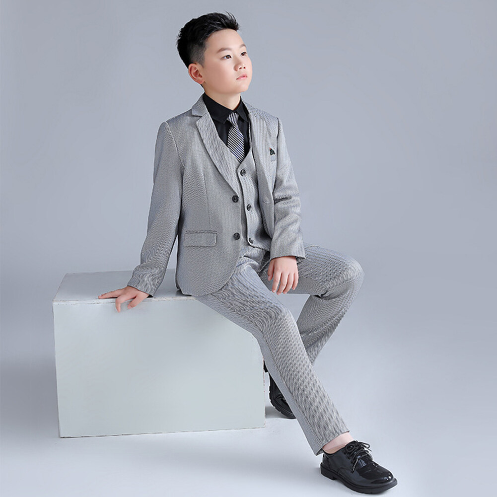 Blazer de talla grande para niños, traje negro y gris, traje Formal de boda, esmoquin para de cumpleaños, conjunto de ropa de caballero, 5 piezas
