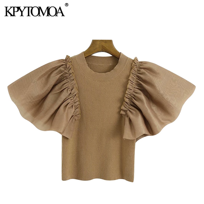 Kpytomoa kvinnor chic organza patchwork stickade beskurna blusar vintage o hals kortärmade kvinnliga klänningar mujer