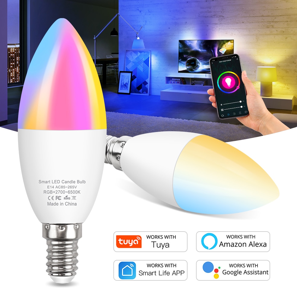 Wifi Led Bulb E14 RGB+CW+WW Candle Light Bulb Tuya Smart Life APP Control Led Lamp Work With Siri Alexa Google Home Assistant