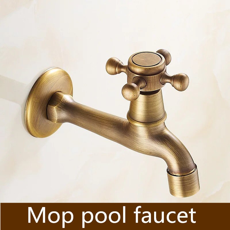 Bathroom Bibcock Antique Brass Carved Pattern Wall Mount Single Cold Retro Taps Outdoor Garden Washing Machine Mop Toilet Faucet: E-03