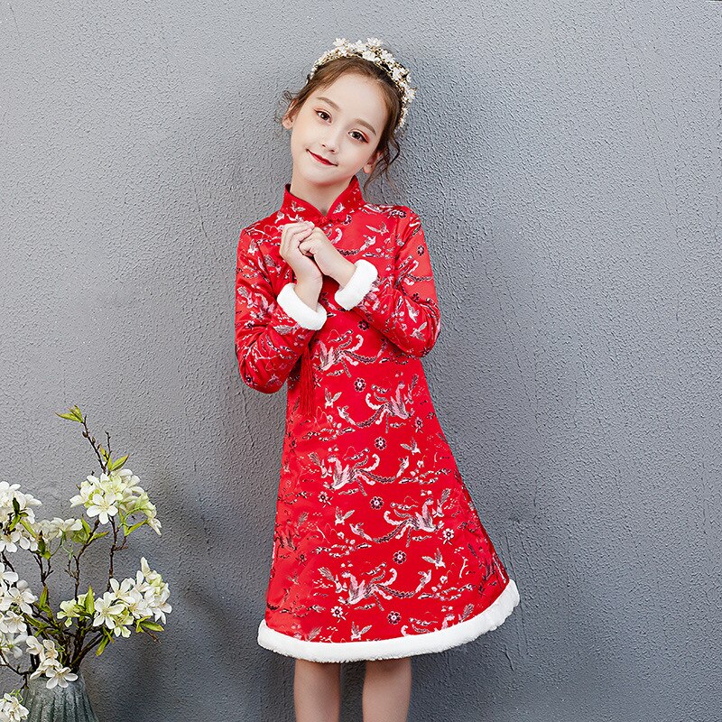 Hiver fleur fille robe pour mariage demoiselle d'honneur fête chinois Cheongsam robe fille fête d'anniversaire exécutant eucharistie robe: red / 130