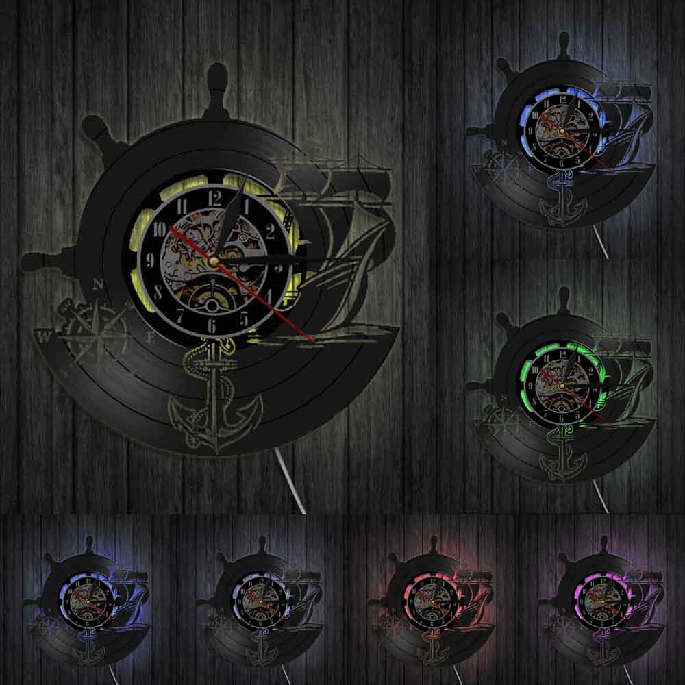 Ancre Vintage Horloge Murale Marin Marine Boussole Disque Vinyle Yachting Voile Moderne Bateau Mer Décor À La Maison Montre Led Lumière