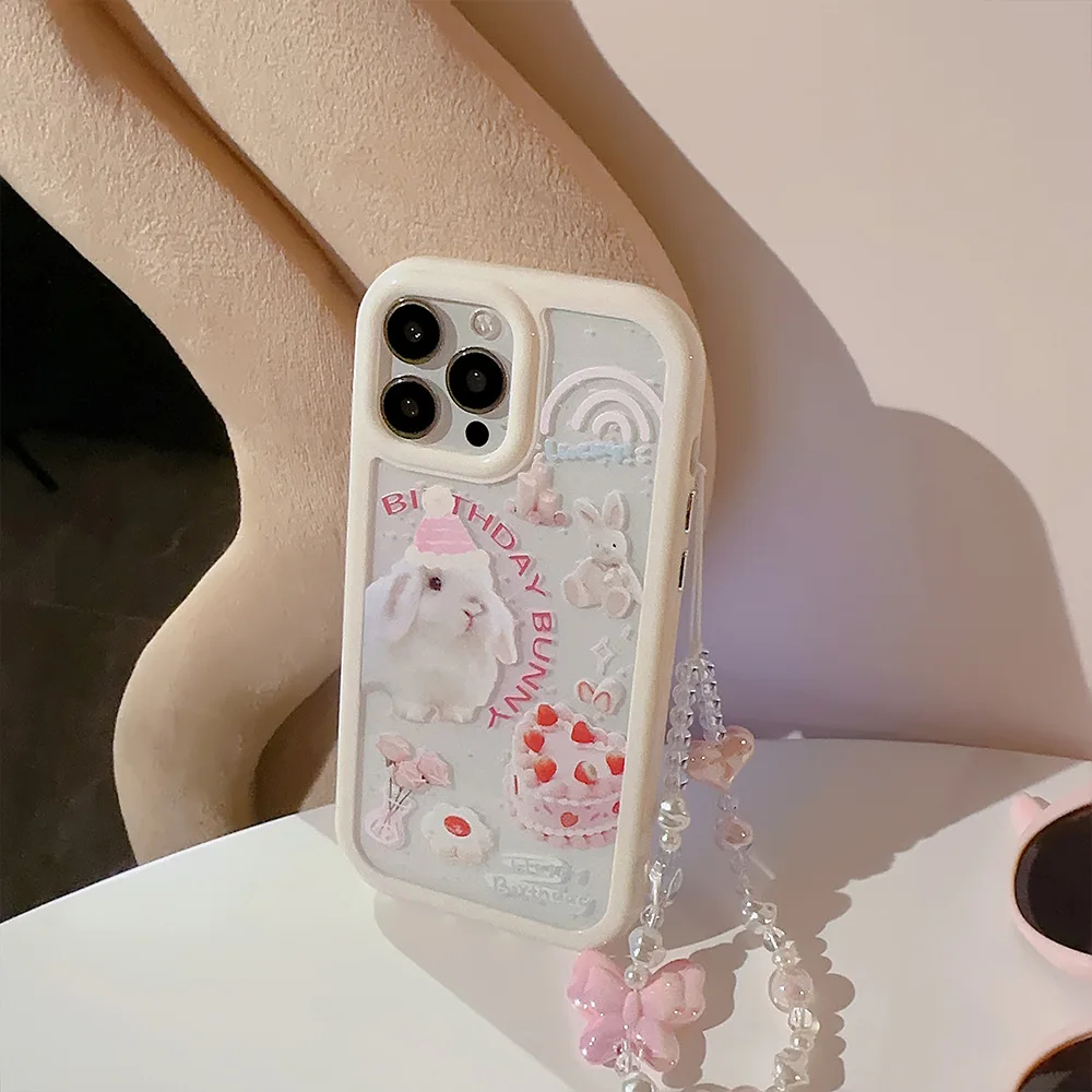 Leuke Hoed Konijn Taart Telefoon Case met Lanyard voor IPhone 16 15 14 12 13 11 Pro Pro Max Plus X XR Schokbestendige telefoon Cover