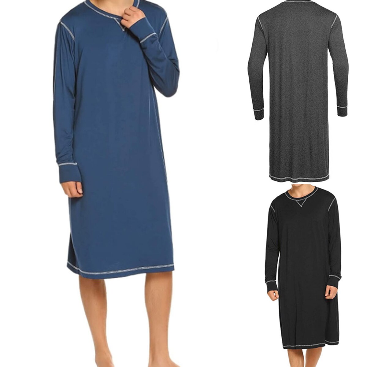 Pyjama de couleur unie pour hommes, vêtements de nuit à manches longues et col rond de Style décontracté à la