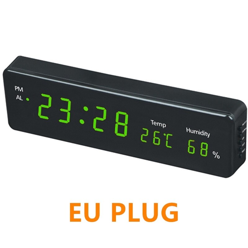 Big Number Large LCD Digital Wall Clock Multi-function Electronic Bedside Table Clock Desk Alarm Clock With Temperature Humidity: Green Eu Plug