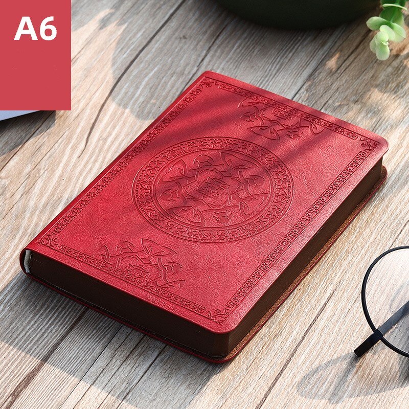 Portable mini notebook small notepad Exquisite printing book Students learn to write and office notebooks Leather A6 notebook: Red pattern