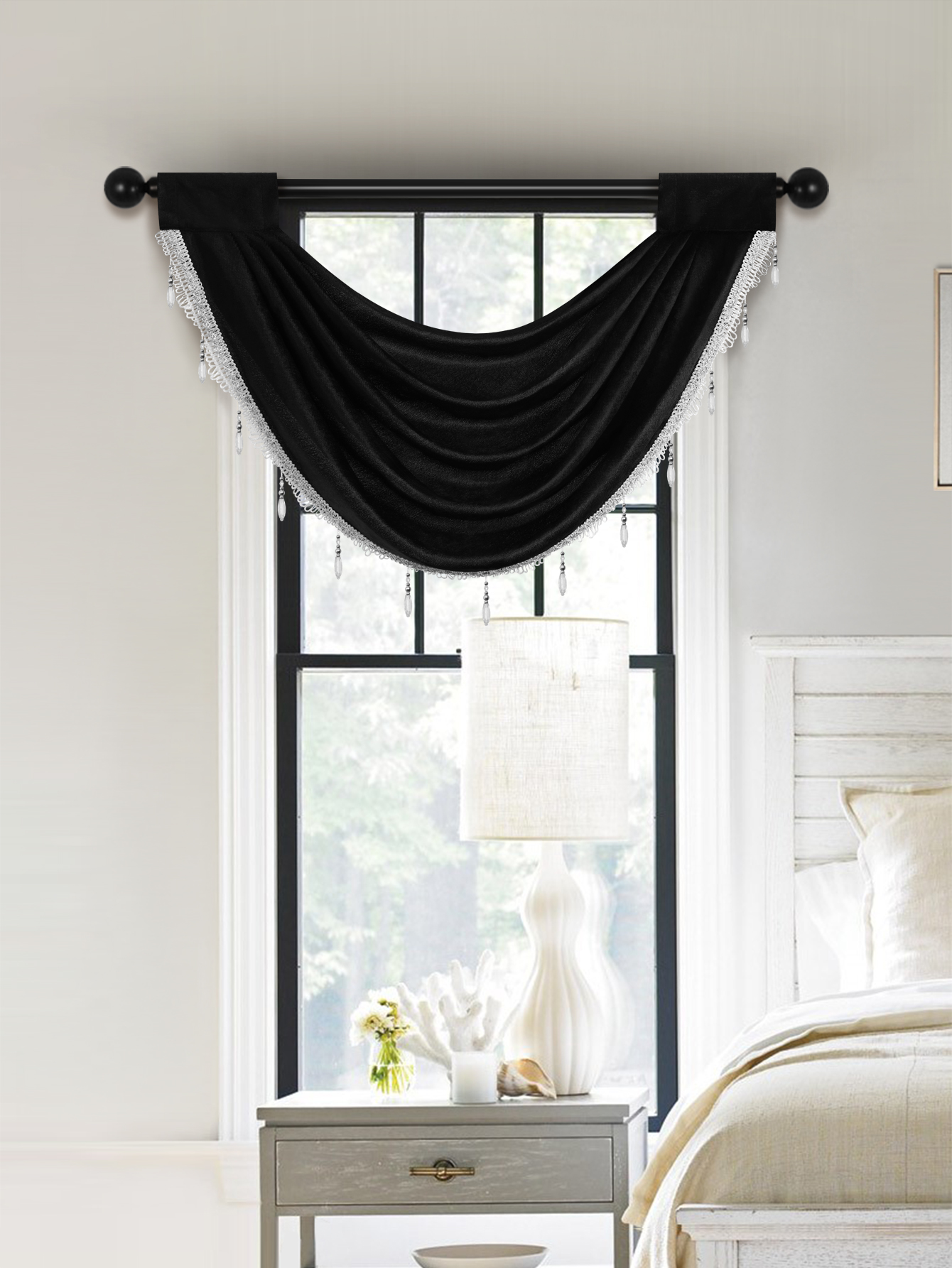 Cantonnière de rideau de fenêtre de Style européen de luxe, 1 pièce, pour salon, poche de tige, cantonnière moderne avec bord de perle de gagner, décor dow: Black
