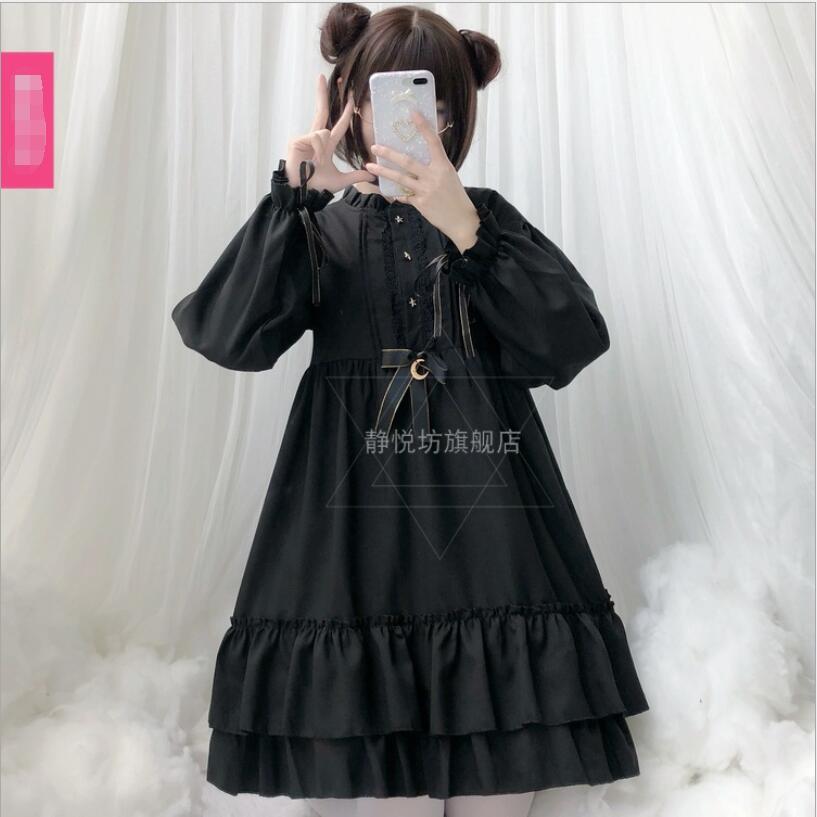 Robe Lolita japonaise noire Vintage gothique à manches longues, robe Court Kawaii pour filles, tenue de fête du thé