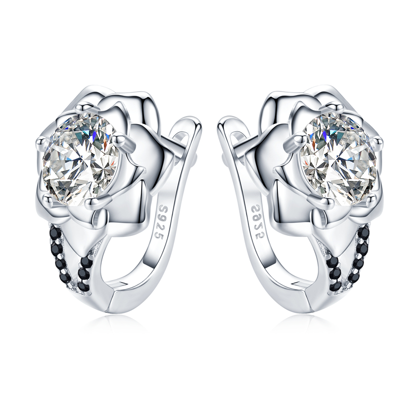 Black Awn Silver Color Round Black Trendy Spinel Engagement Flower Hoop Earrings for Women Jewelry Bijoux I152: Default Title