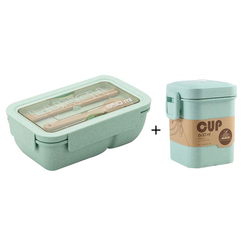 850ml Wheat Straw Lunch Box Healthy Material Bento Boxes Microwave Dinnerware Food Storage Container Lunchbox: Green Set