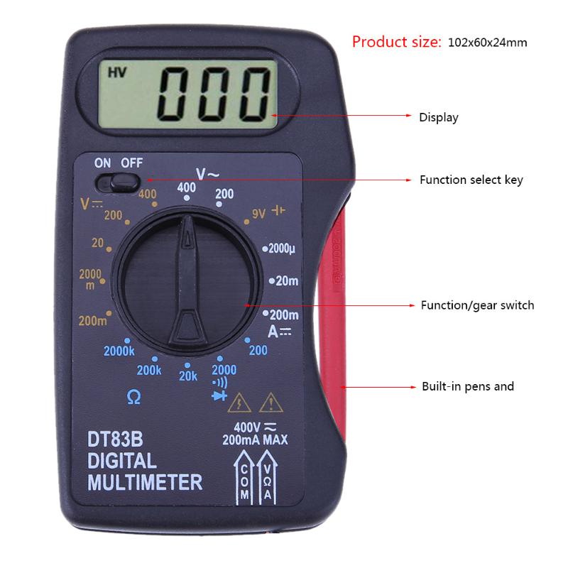 Portable DT83B Digital Multimeter Mini Ultra-thin Pocket Ammeter Voltmeter DC AC Resistor Ohm Meter Tester with Buzzer