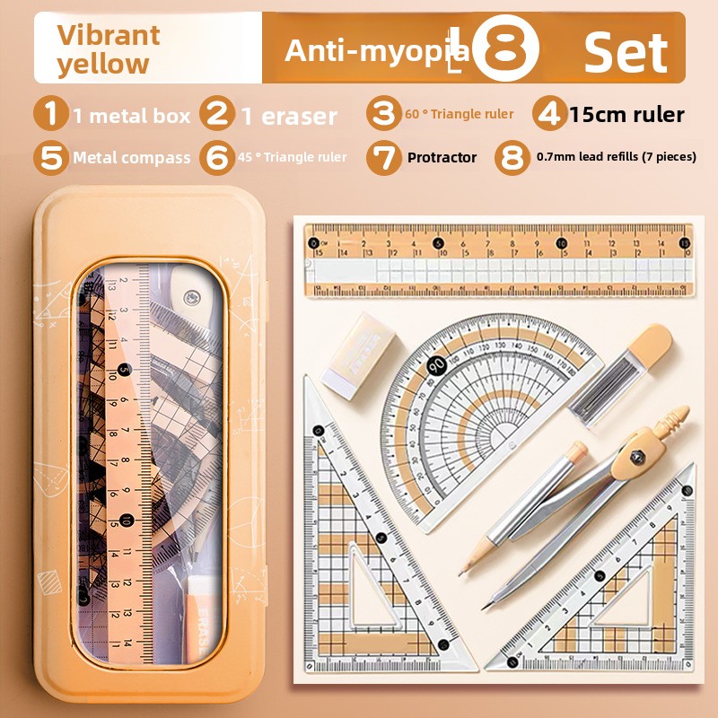 Juego de medición de 8 piezas para prevenir miopía, regla de brújula para medir ángulo preciso, dibujo de tareas de estudiantes, papelería de de oficina: Rojo