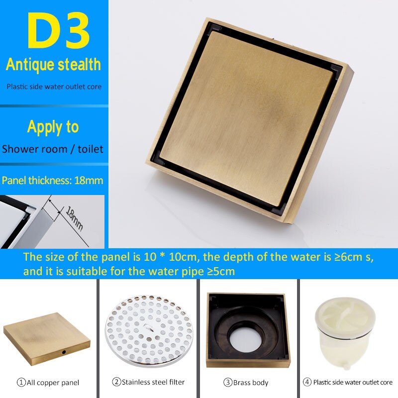 Dreno de assoalho inoxidável, dreno de assoalho quadrado de aço inoxidável para drenagem de piso, canal de drenagem para cozinha do banheiro: D3