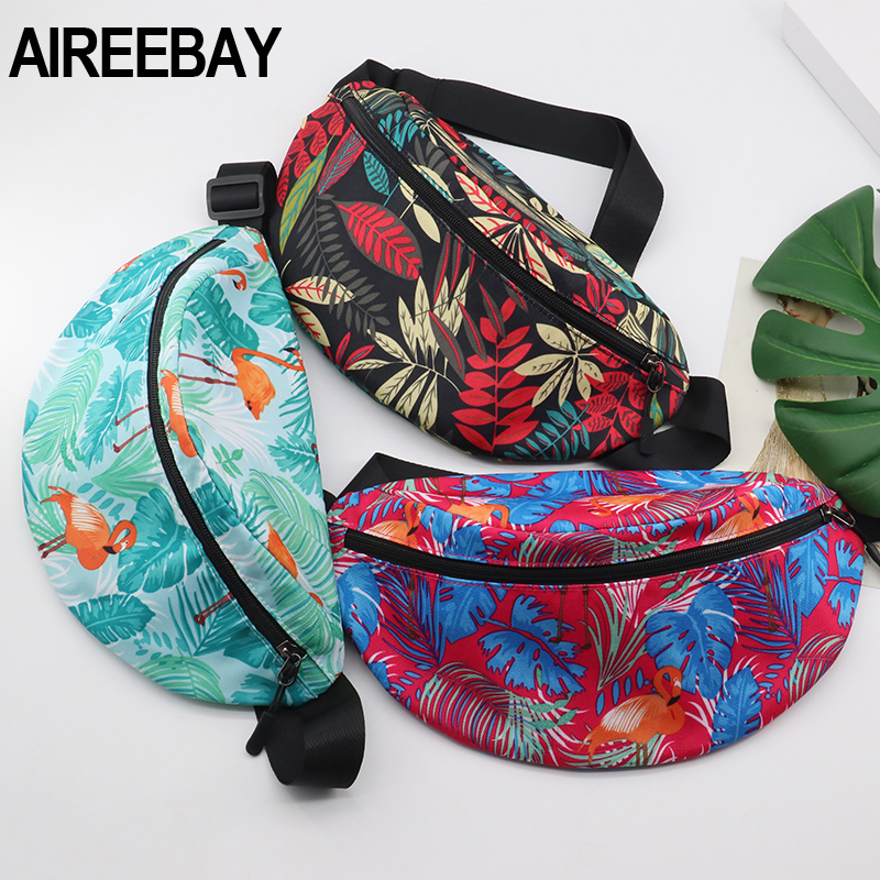 AIREEBAY Printed Leaf Women Waist bags Large Capacity Canvas Fanny Pack with Zipper Female Casual Travel Banana bags