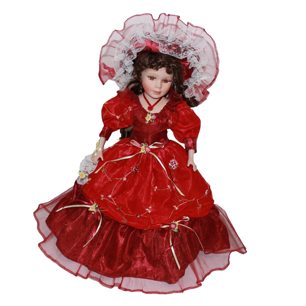 40cm Victorian Porcelain Female Doll Model In Red Long Dress Hat Home Decor