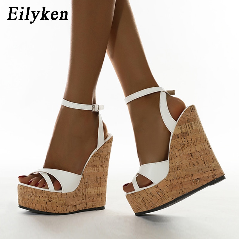 Eilyken, sandalias blancas de verano con tacones altos para mujer, sandalias con agujeros, cuñas con hebilla y plataforma, zapatos de mujer con punta abierta en la parte delantera