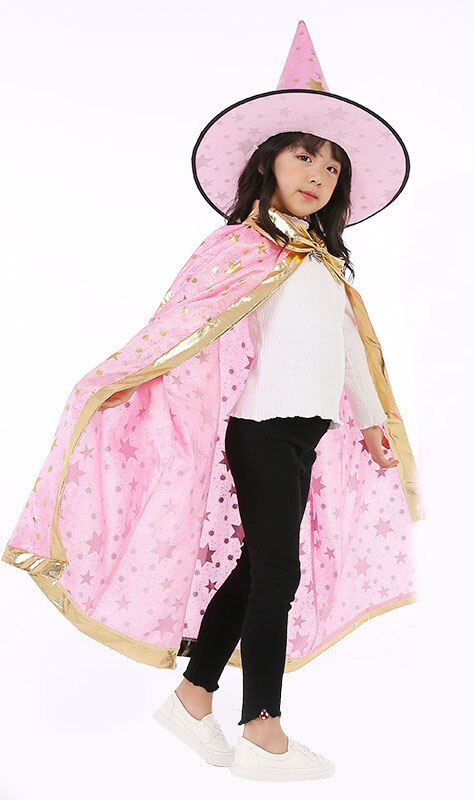 Kostium na bal maskowy czarodziej peleryna czarownicy peleryna szata z kapeluszem na pokaz gry Halloweens magiczne różdżki dla dzieci dzieci: pink star