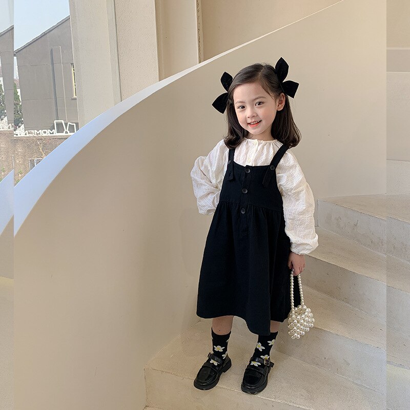 Meisjes Lente Mode Witte Blouse En Zwarte Overalls Jurk Kinderen Alle-Match Outfits 2 Stuks Sets