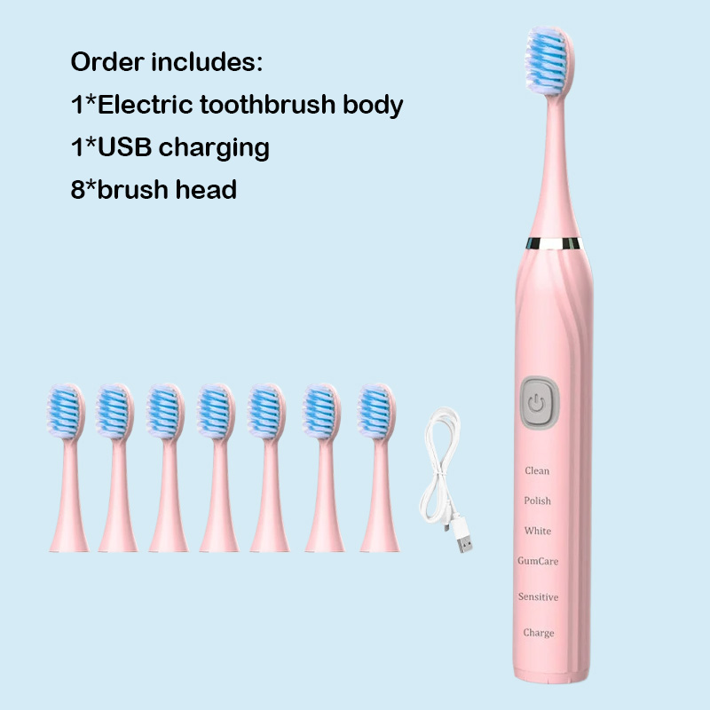 Cepillo de dientes eléctrico, vibrador ultrasónico, blanqueamiento dental, carga rápida por USB, cepillo de dientes sónico recargable, resistente al agua IPX7: Negro