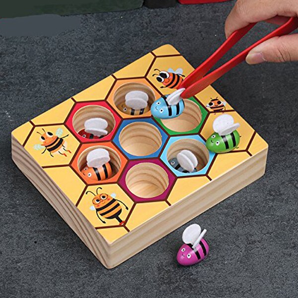 Adorable juguete de madera para recoger abejas, prácticas de captura para bebés, juego educativo temprano para niños pequeños, caja de colmena colorida
