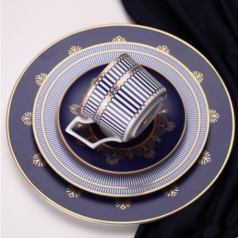 Assiette à Steak élégante en porcelaine, en os bleu, en céramique, plat à dîner, tasse à café, soucoupe, vaisselle familiale, décoration de la maison