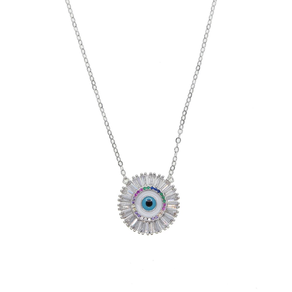 Cz Kettingen Turks Grote Witte Regenboog Stone Evil Eye Ronde Hanger Vrouwen Ketting Meisje Sieraden: Platinum Plated