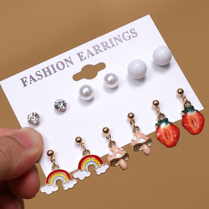 Boucles d'oreilles en forme d'animal et de dinosaure, 8 paires/ensemble, tendance, mignonnes, adaptées aux femmes, transparentes, ours, fleur, petites boucles d'oreilles, naissance amusante: 6 pairs EH3226