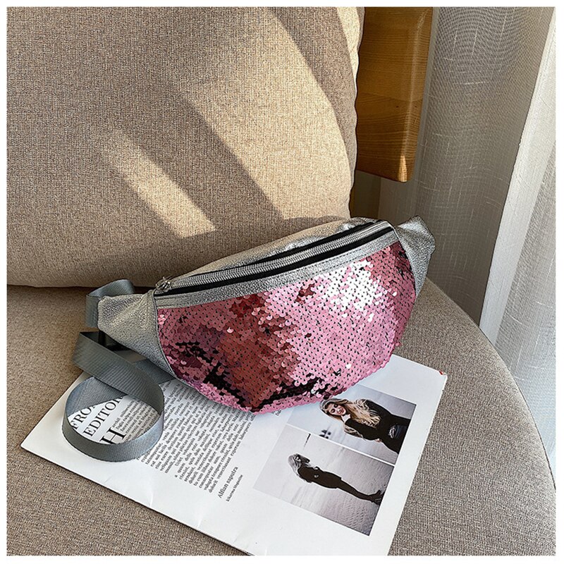 Sequin Waist Bag Women Glitter Fanny Pack for Girls Belt Bag Ladies Colorful Hip Bum Pouch Crossbody Chest with Adjustable Strap: Pink