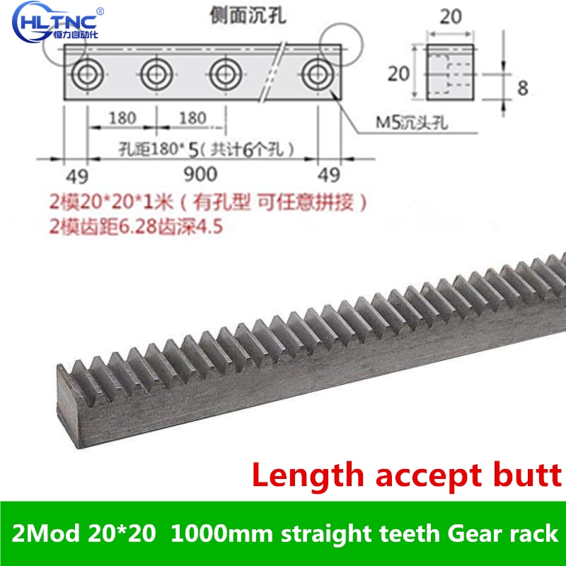 1pc 2 Mod engrenage droit crémaillère droite dents 20*20 longueur 1000mm 45 # CNC en acier pièces module 2 M2