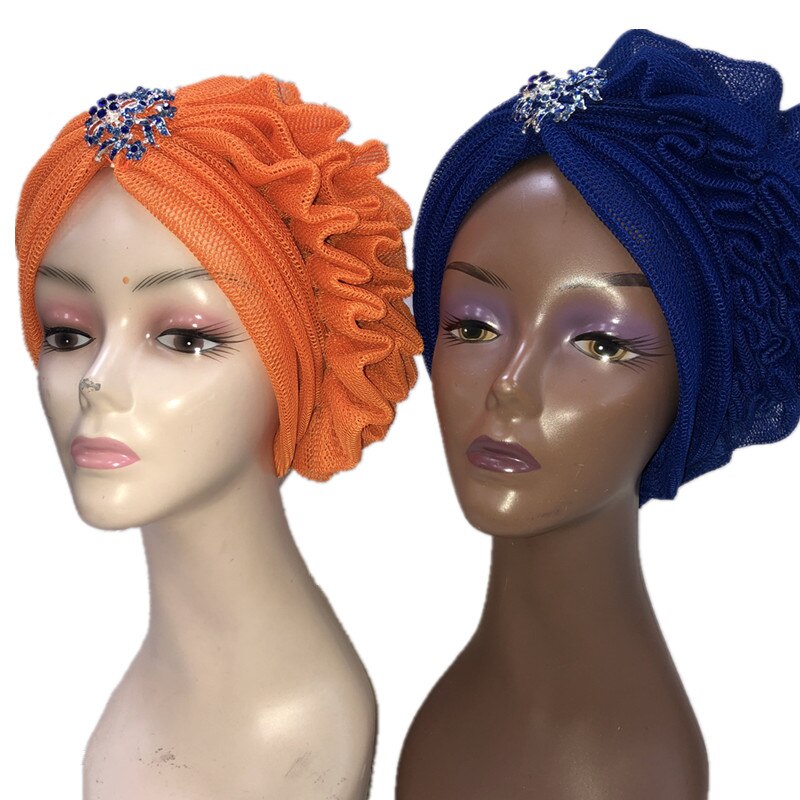 Blue Aso Oke Gele African Headtie Already Made Gele Head Wrap Ladies Hat auto headtie Muslim aso oke gele-