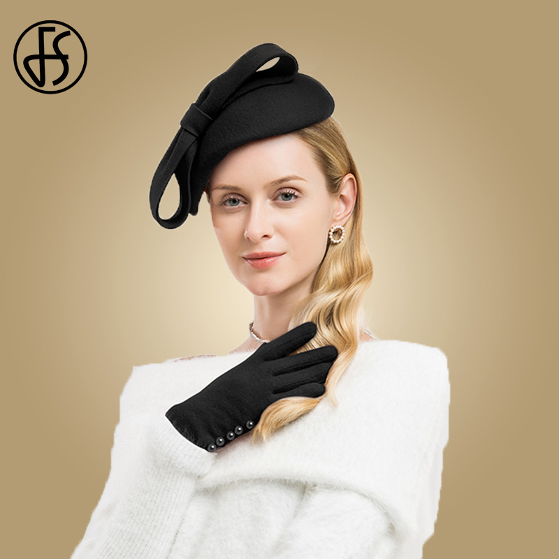 FS Lã Fascinator Pillbox Chapéu de Casamento Das Mulheres Elegantes Chapéus de Inverno Preto Azul Vermelho Senhora Bowknot Kentucky Derby Sentiu Fedoras Caput