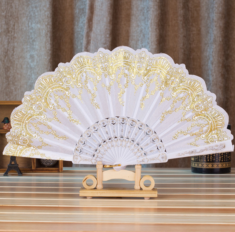Chinese Style Dance Wedding Party Lace Silk Folding Hand Held Flower Fan White Flower classical L1204