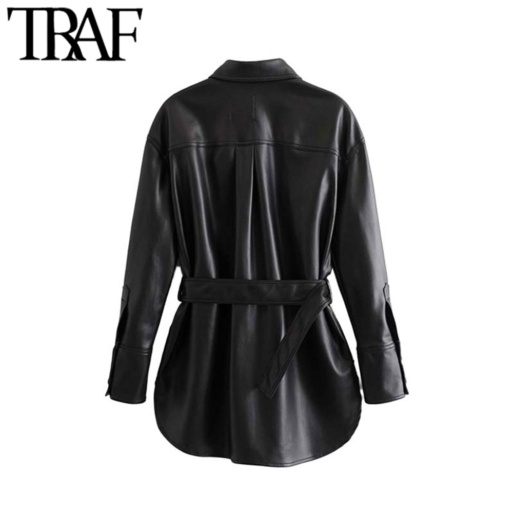 Traf Vrouwen Vintage Stijlvolle Faux Leather Met Belted Jacket Coat Lange Mouwen Zakken Zijsplitjes Pu Bovenkleding Chic Tops