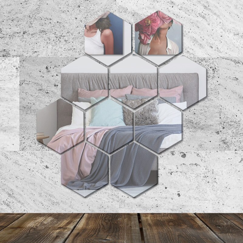 12 st diy silver reflekterande hexagon speglar espejos väggspegel klistermärke väggdekaler dekor för vardagsrum hus väggdekoration