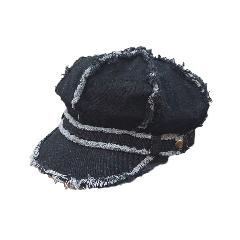 Spring and Autumn Fringed Retro Denim Octagonal Hat with Band Vintage Distressed Peaked Newsboy Cap for Women Tassel Baker Boy