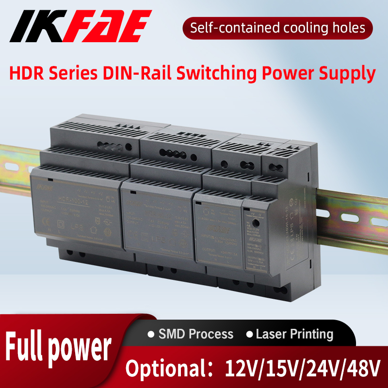 DIN-Schienen-Schaltnetzteil, schlanker Transformator in Stufenform, HDR-Serie, 15 W, 30 W, 60 W, 100 W, 150 W, AC, DC, 12 V, 24 V