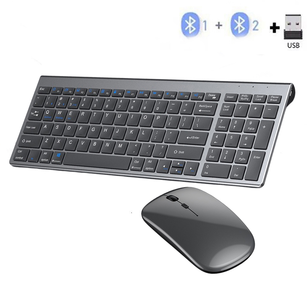 Graue Bluetooth 5.0 und 2,4 G kabellose Tastatur-Maus-Kombination, wiederaufladbare kabellose Tastatur in voller Größe für Notebook-Laptops