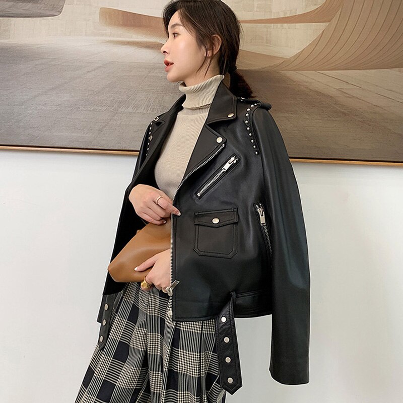 Chaqueta de piel para mujer, chaqueta de piel negra de imitación estrecha con remaches y cremallera, chaquetas de piel para mujer, chaqueta de motociclista con tachuelas de Pu para mujer, prendas de vestir
