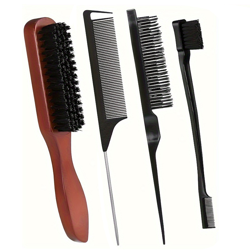 Juego de cepillos para el cabello con cerdas de jabalí de 4/5 piezas, kit de peinado con control de bordes unisex para untar y alisar la espalda, cabello rizado y normal: Verde
