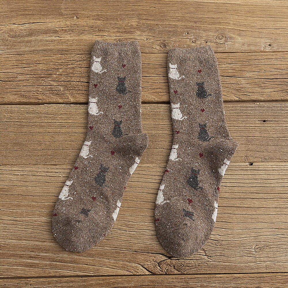 Calcetines con estampado de gato para mujer, medias de lana gruesa y suave con dibujos animados, accesorios de ropa cálidos para Otoño e Invierno: coffee