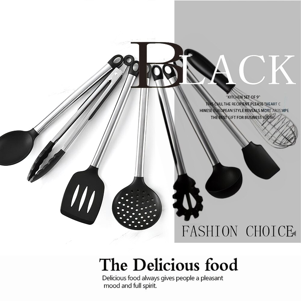 8pcs Kitchen Utensil Sets Stainless Steel Silicone Tong Spoon Spatula Whisk Strainer Cooking Tools Gadgets with Storage Bucket