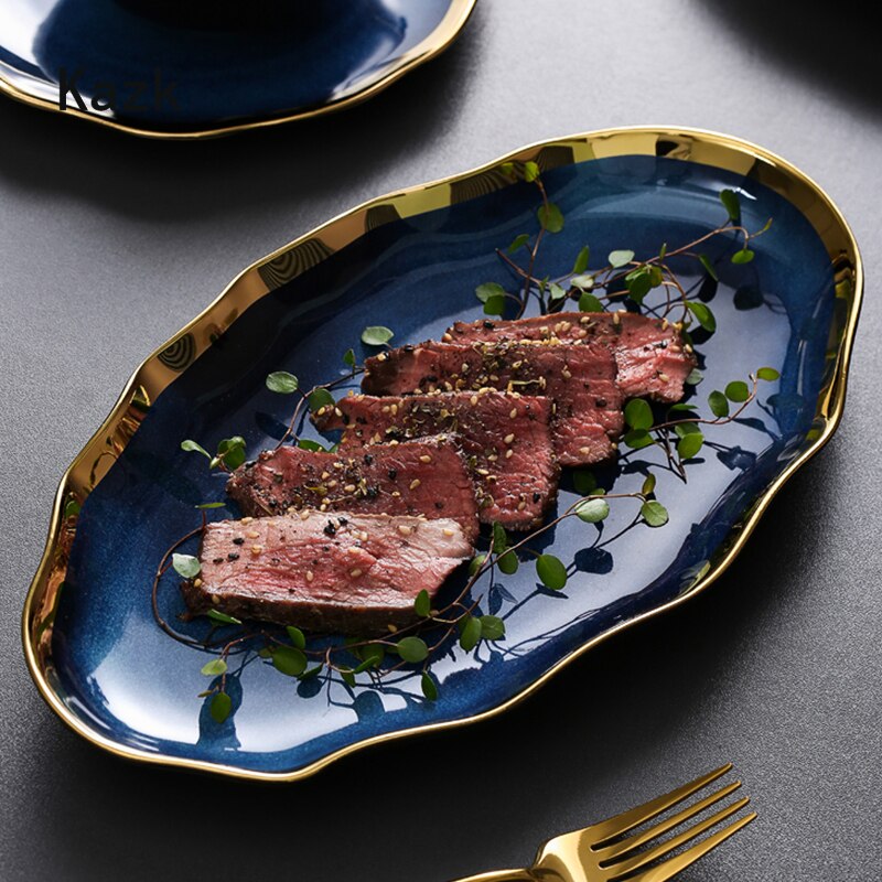 Nordic Blue Glaze Ceramic Dinner Plates and Bowls Irregular Phnom Penh Steak Plate Dessert Snack Dishes Home Tableware