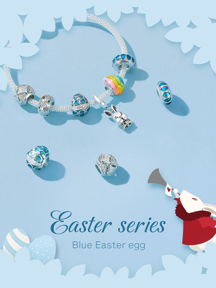 Bamoer di Pasqua Serie Blu Uovo di Fascino Dello Smalto per Originale in Argento Del Braccialetto e Del Braccialetto 925 sterlina d'argento Gioielli FAI DA TE Braccialetto BSC220